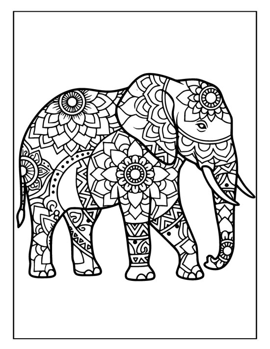 Walking elephant extending its trunk low with ringed petals on each leg, coloring page