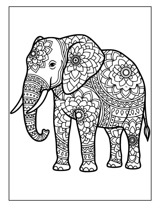 Elephant with trunk lifted and ears spread wide over dense medallions, coloring sheet
