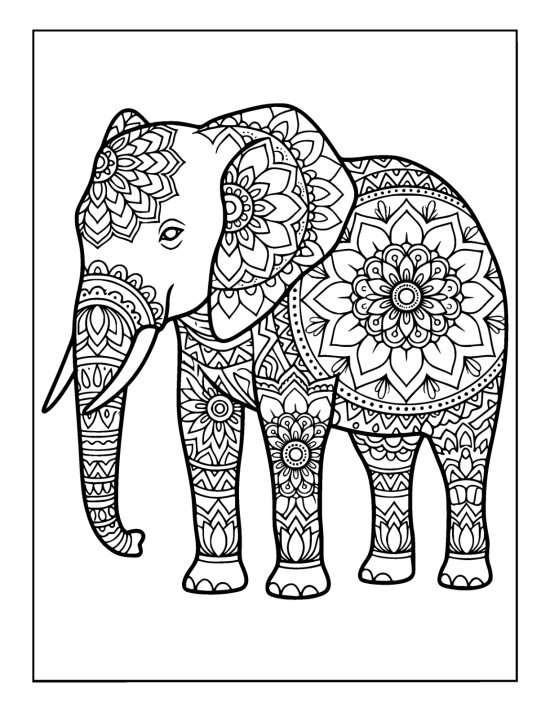 Profile elephant with trunk hanging low and concentric rosettes across the body, coloring page