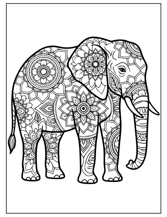Profile elephant with trunk curved gently down and concentric rosettes, mandala