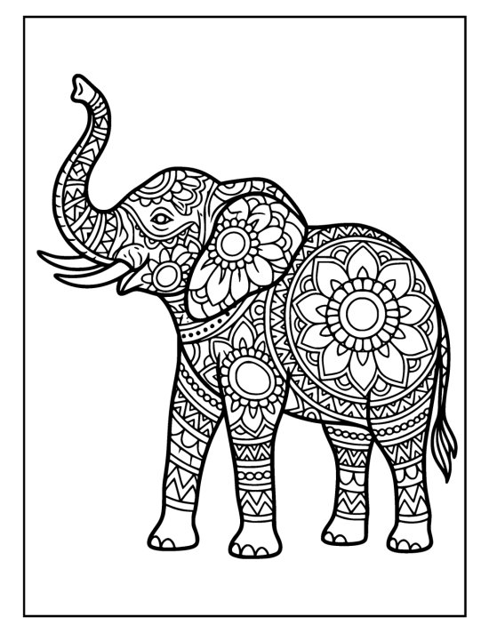 Elephant with trunk raised in a tall S curve and bold flank medallion, coloring page