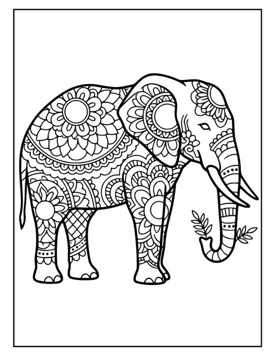 Elephant holding a leafy sprig in its trunk with patterned legs and body, coloring sheet