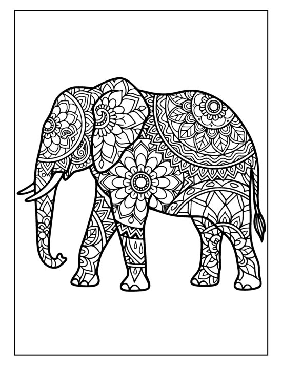 Walking elephant with head lowered and trunk sweeping the ground over petal medallions, mandala