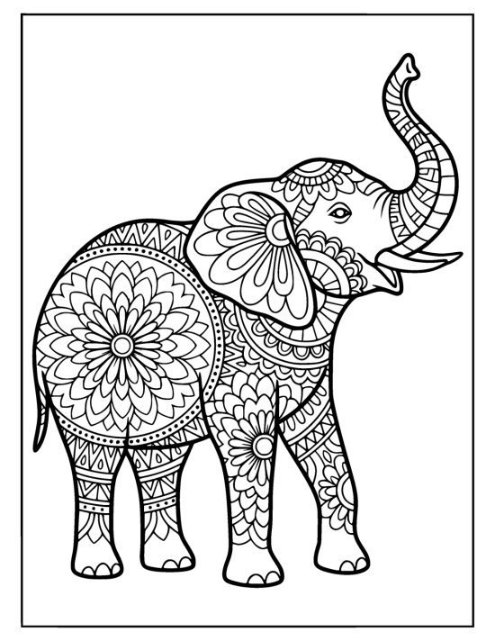 Elephant with trunk lifted high and ears fanned over large medallions, coloring page