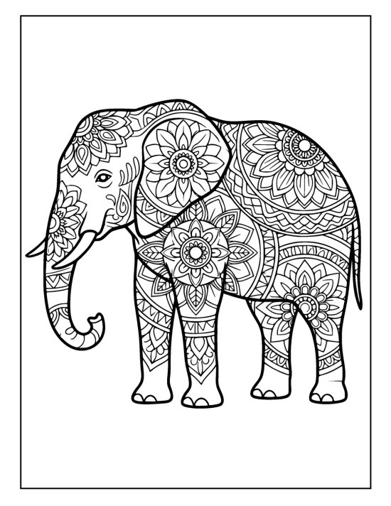 Elephant with trunk in a gentle loop and concentric petal rings, coloring sheet