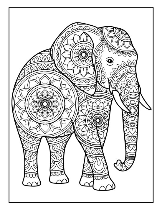 Walking elephant with trunk swung to one side and swirling body motifs, coloring sheet