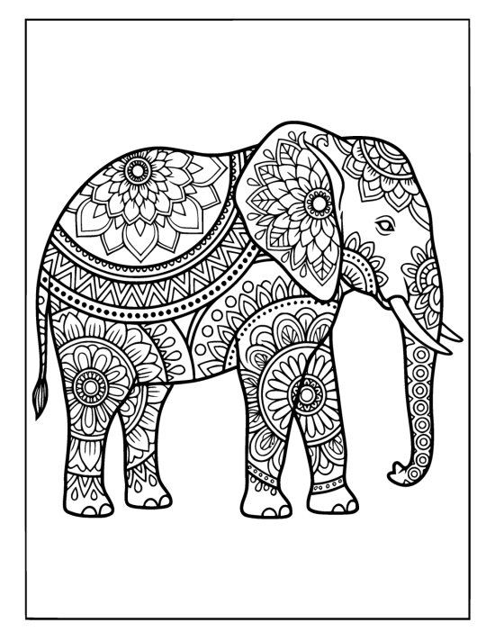 Profile elephant with trunk hanging in a soft curve and dense petal rings, mandala