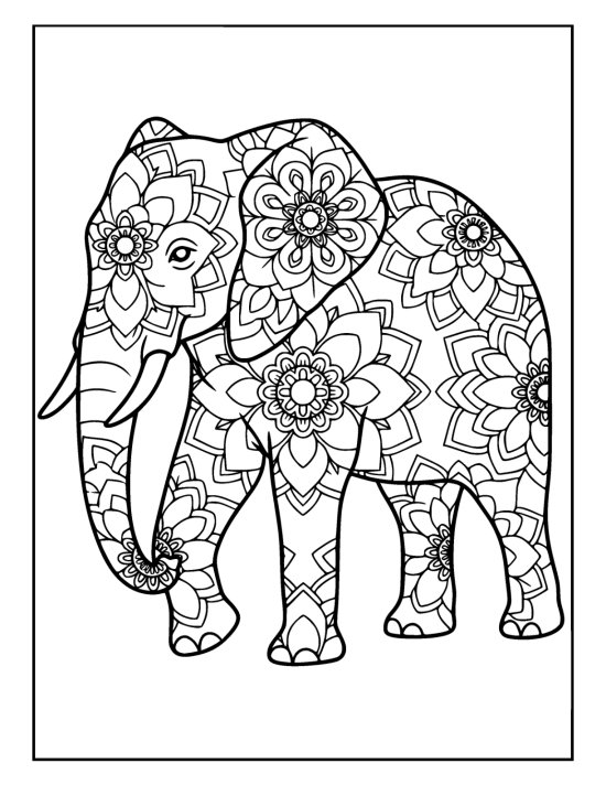 Walking elephant with trunk reaching forward and ringed petals on each leg, coloring sheet