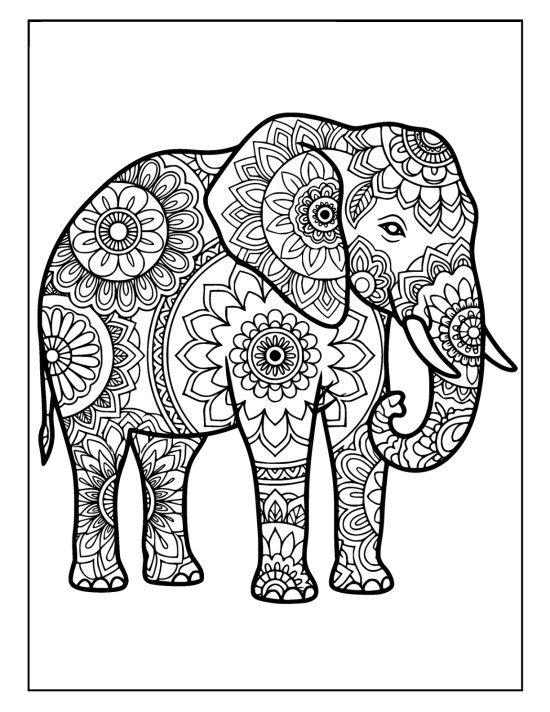 Standing elephant with trunk curled to its chest and concentric flower medallions, coloring sheet
