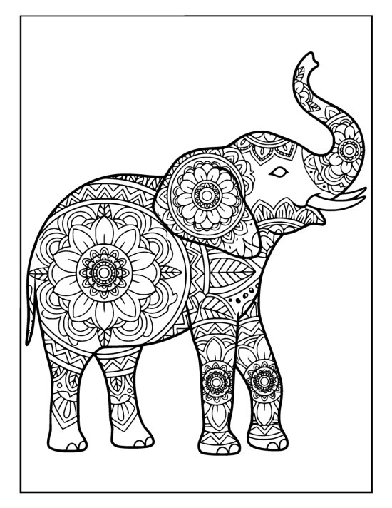Elephant with trunk raised high and large sunburst medallions on the body, mandala