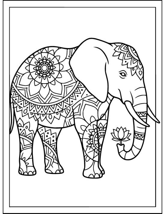 intricate elephant mandala coloring pages, elephant with a lotus in its trunk and bold petal medallions, mandala