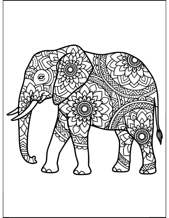 Profile elephant lowering its trunk to the ground with petal rings along the body, coloring page