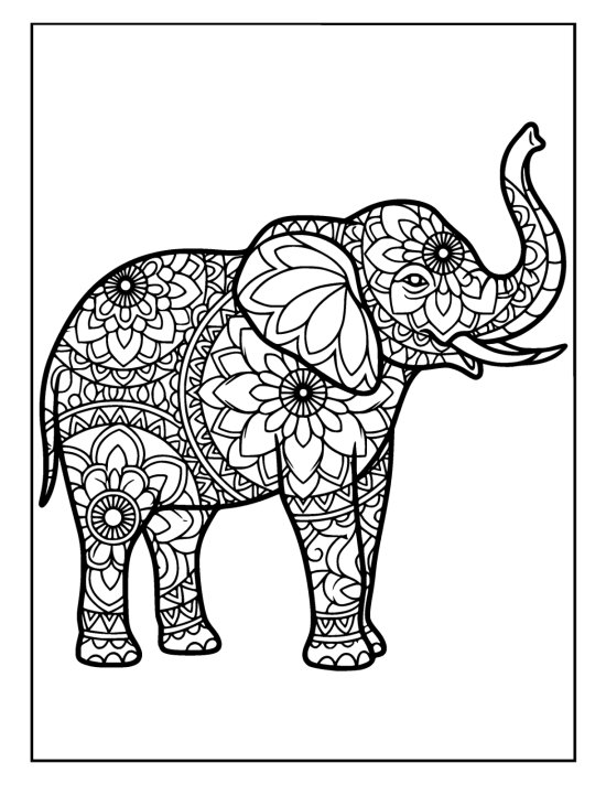 Elephant with trunk lifted in an arc and dense floral medallions on the flank, coloring sheet