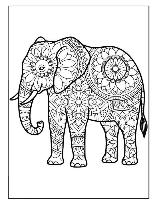 Elephant with trunk curved toward its mouth and patterned ears and legs, mandala