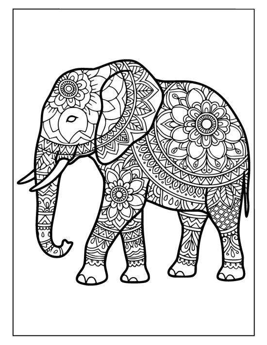 Walking elephant with a loosely swinging trunk and rings of petals on the body, coloring page