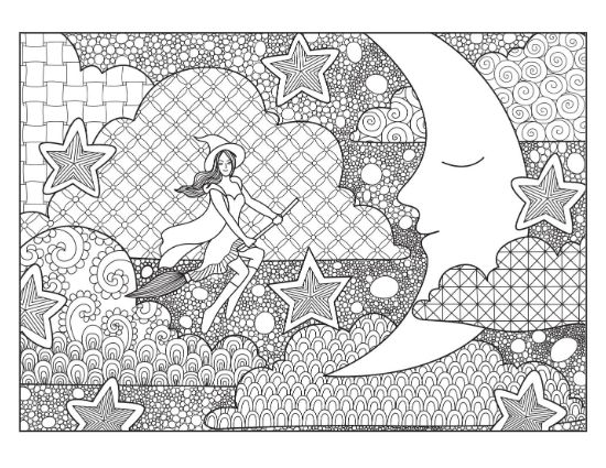 A witch on a broomstick, stars, and a crescent moon with patterns coloring page.