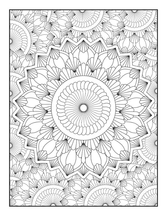 Intricate floral patterns and geometric petal layers create a detailed circular design for this complex adult mandala.
