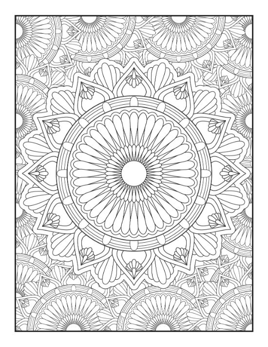 Intricate circular mandala with layered floral patterns and geometric details for a therapeutic adult coloring page.