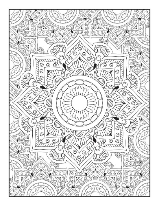 Intricate floral circular patterns with detailed geometric layers fill a stress-relieving adult mandala.