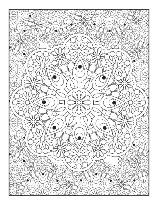 Intricate floral patterns featuring a large central bloom surrounded by detailed petal designs on this adult coloring sheet.