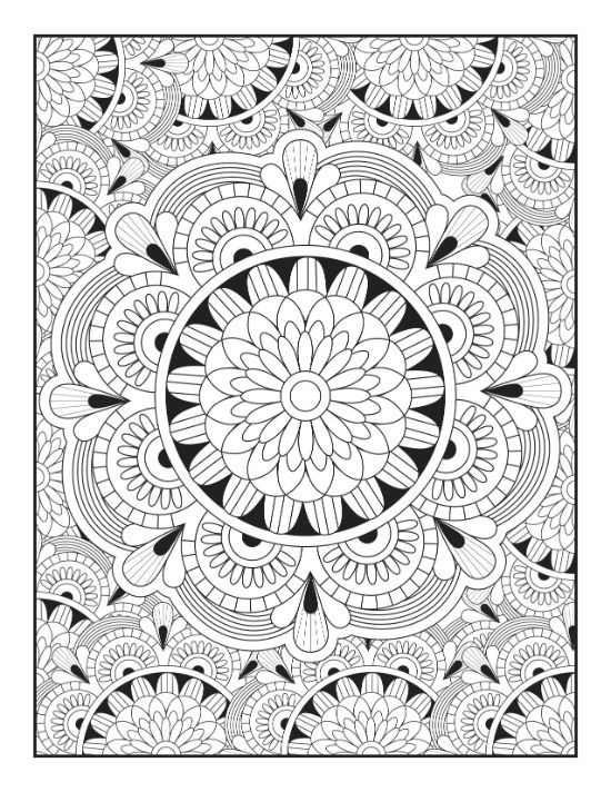 Intricate floral patterns and circular geometric designs fill this detailed adult coloring sheet.