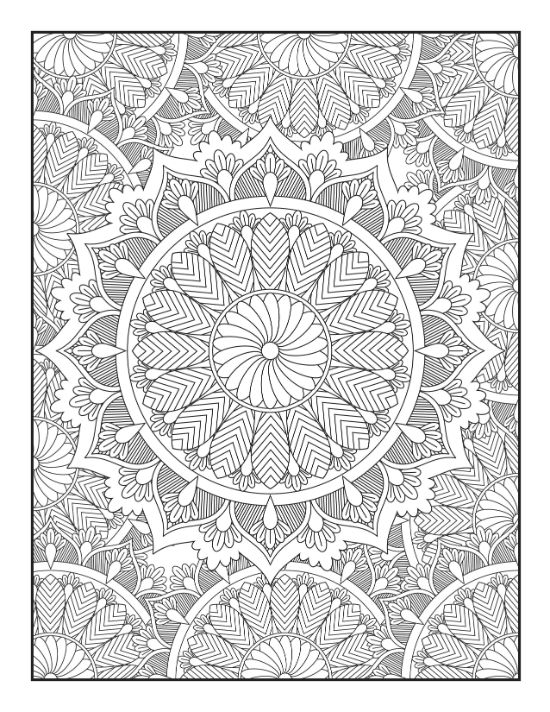 Intricate floral circular designs fill the frame with fine detail in this complex stress-relief coloring sheet.