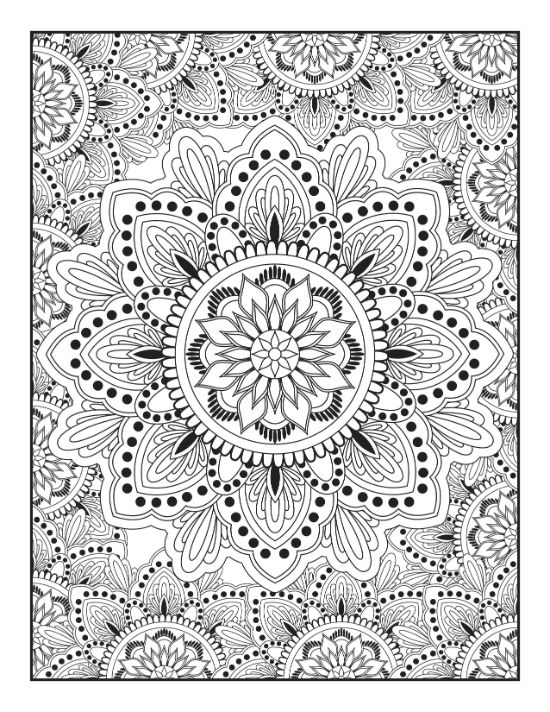 Intricate floral patterns and circular geometric designs fill this highly detailed adult coloring page.
