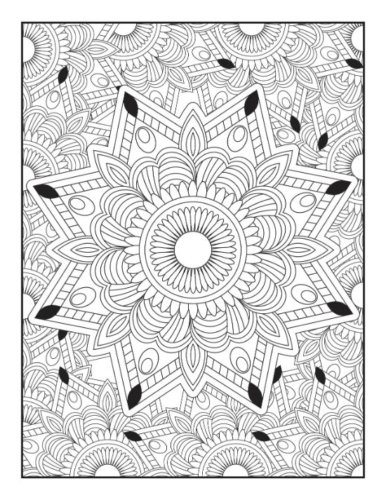 Intricate geometric star flower with symmetrical petal details and a floral background makes a relaxing adult coloring sheet.