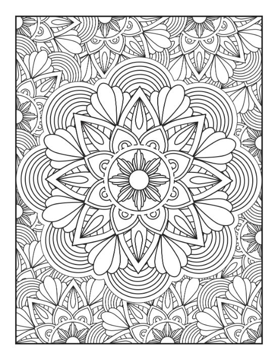 Intricate floral symmetrical shapes and concentric wavy lines fill this circular themed adult coloring page.