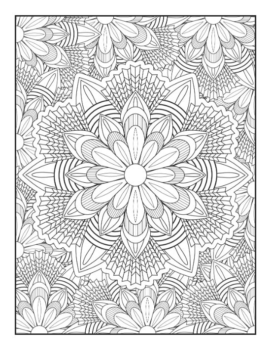 Intricate floral patterns and geometric symmetrical shapes create a detailed and relaxing flower-themed mandala.