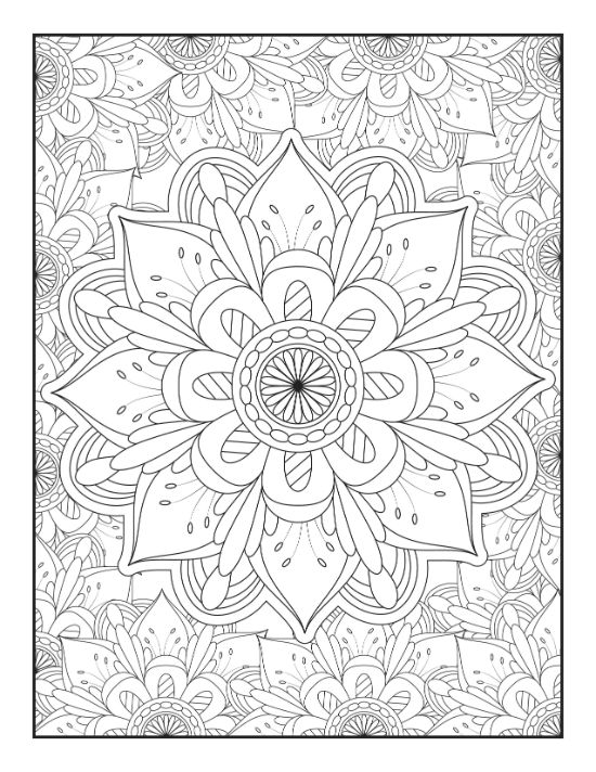 Intricate lotus flower with symmetrical petals surrounded by a detailed floral background in this adult coloring sheet.