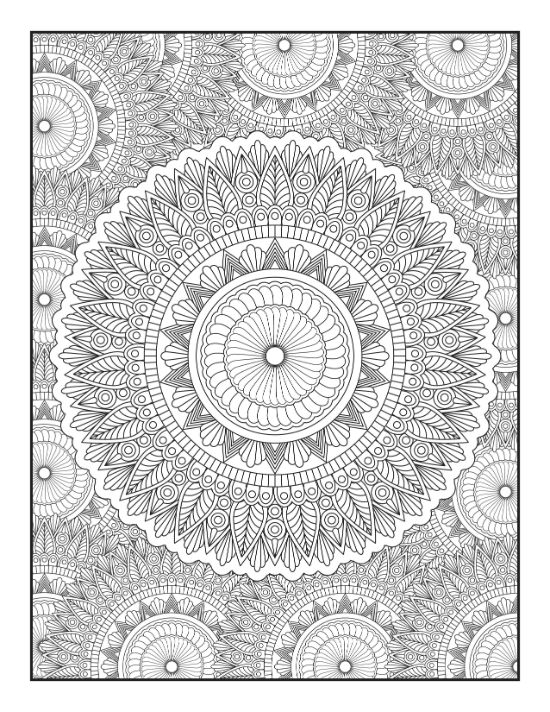 Intricate circular patterns and floral petal motifs create a highly detailed, repetitive stress relief coloring sheet.