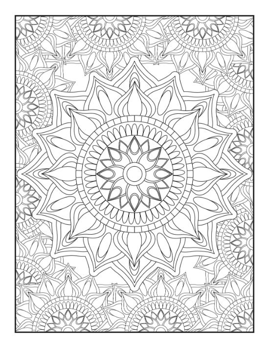 Intricate floral patterns and circular geometric shapes create a detailed and meditative symmetrical mandala.