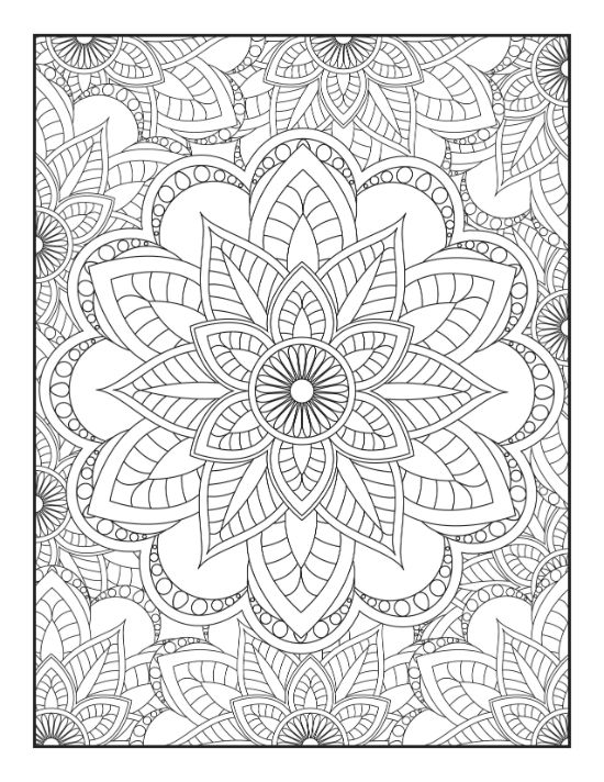 Intricate layered floral patterns and central lotus-like bloom create a detailed and symmetric circular coloring sheet.