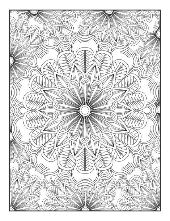 Intricate floral design featuring a large central bloom with layered petals on a detailed flower coloring sheet.