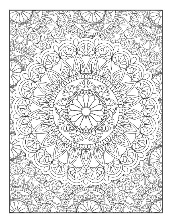 Large circular floral pattern with intricate symmetrical petals and blooming details on a centered coloring page.