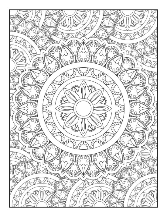 Intricate floral circular designs overlap across this detailed and symmetrical black and white coloring sheet.