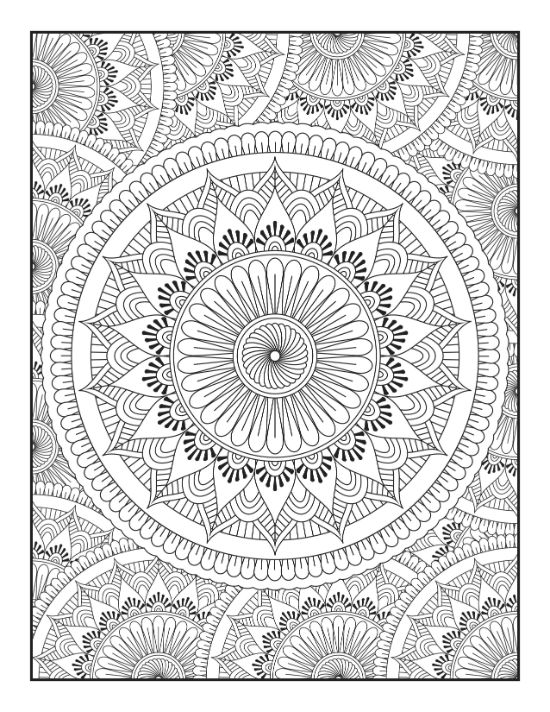 Intricate circular floral patterns and layered geometric shapes create a detailed meditative adult coloring page.