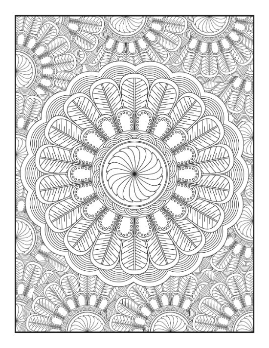 Intricate floral patterns and concentric radial petals create a detailed circular design for this adult coloring page.