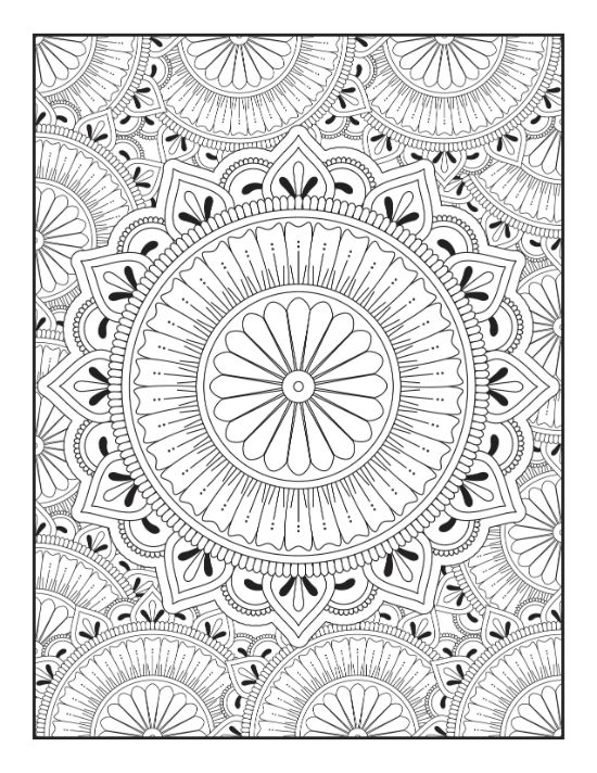 Intricate floral circles and symmetrical geometric details fill this relaxing adult mandala.