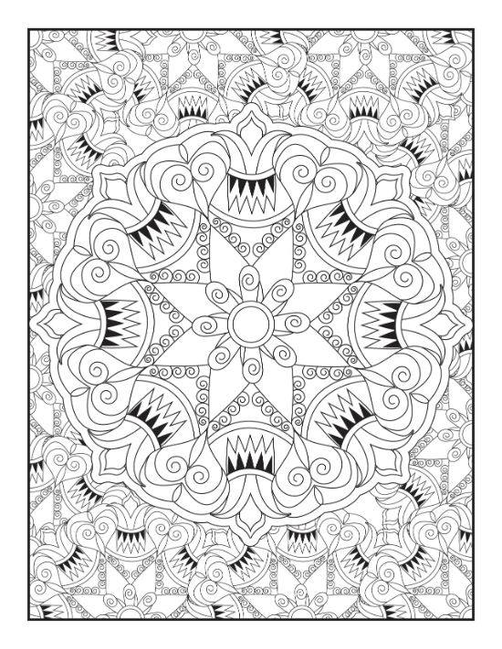 Intricate floral kaleidoscope circles with heart-shaped swirls and sharp geometric points create a detailed adult coloring sheet.