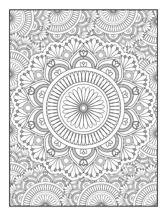 Intricate floral patterns surround a large central geometric flower design in this detailed adult mandala.