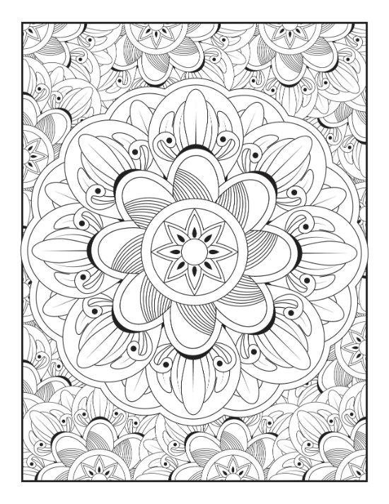 Large symmetrical flower with rounded petals and intricate swirls set against a dense floral background coloring page.