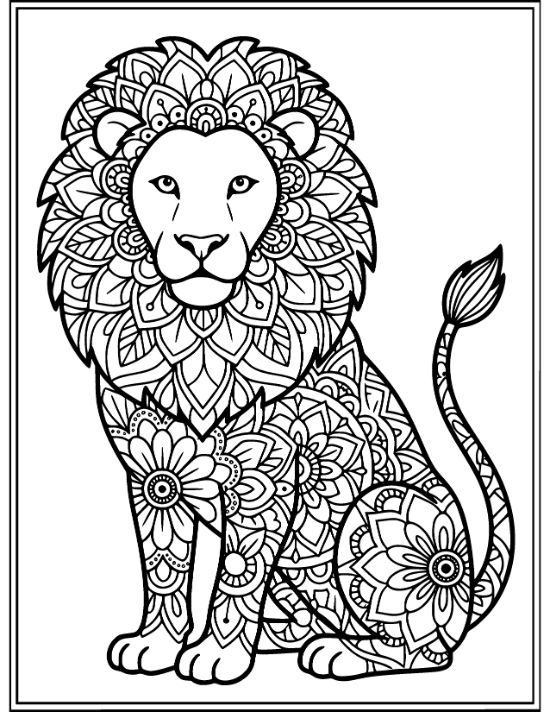 Sitting lion with a floral mane and patterned body featuring dense geometric motifs and thick black outlines.