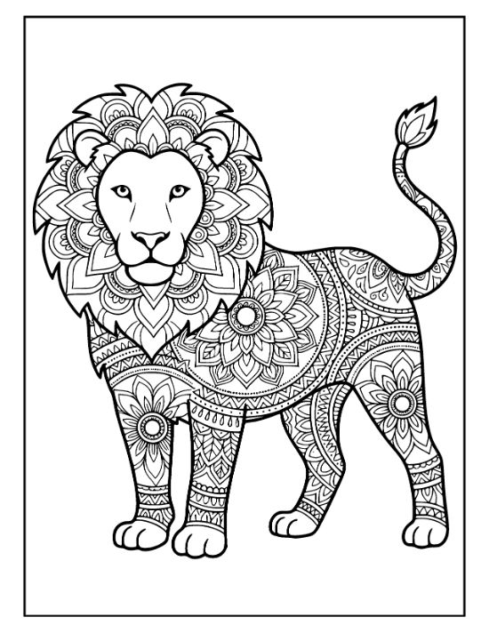 Standing lion with a floral mane and geometric body patterns in a detailed zentangle coloring page.