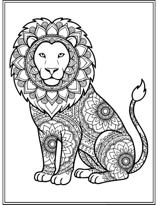 Lion sitting in profile with a mane and body covered in intricate floral patterns and geometric motifs.
