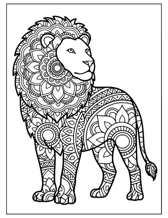 A standing lion with a circular floral mane and geometric body patterns in a detailed coloring page.