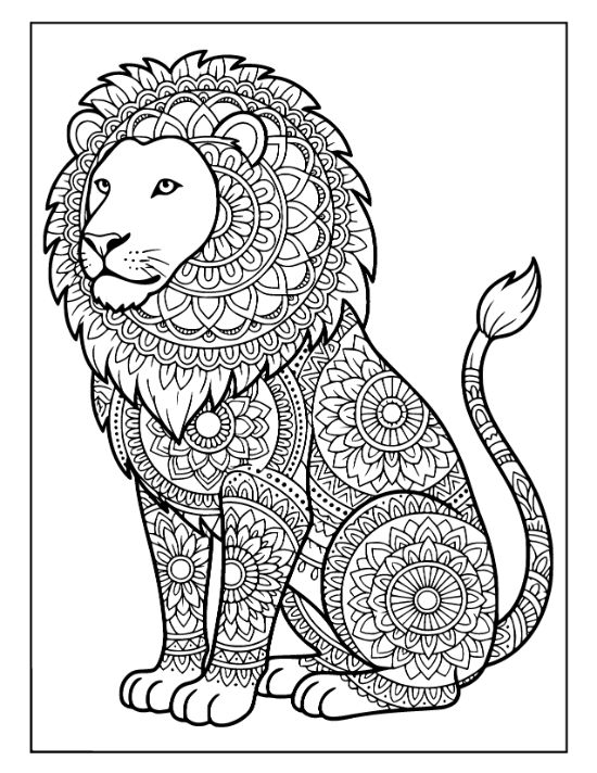 Seated lion with a dense floral mane and patterned body in a detailed zentangle coloring page.
