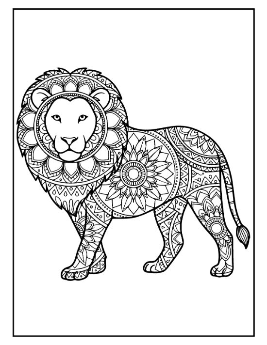 A standing lion with a floral mane and body filled with dense geometric patterns, coloring sheet.