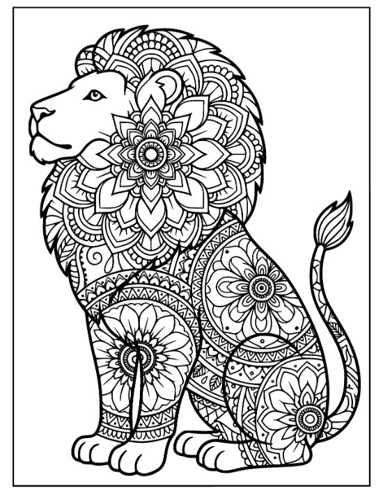 Sitting lion profile with a large floral mane and patterned body motifs in a detailed coloring page.